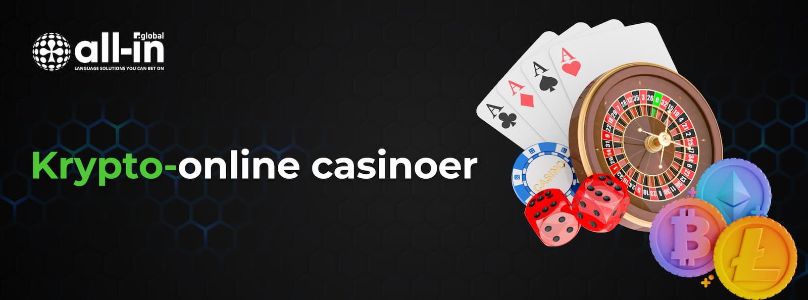 Casinoelementer med spillekort, roulettehjul, terninger og kryptovalutaikoner