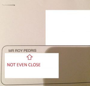 correspondance addressed to mr roy pedris, not even close arrow pointing to it