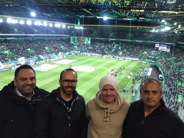 Our chairman, Roy Pedersen and Tiago Aprigio, ou CEO, posing for the picture in Estádio de Alvalade with two members of Boavista Esports team