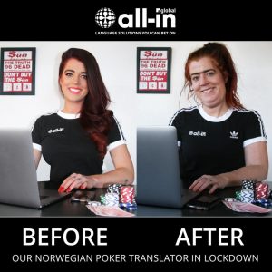 meme of our Norwegian poker translator before and after coronavirus lockdown 