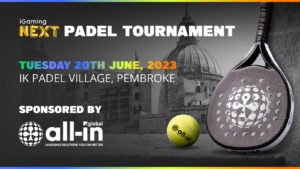 iGaming NEXT padel tournament by All-in Global_Linkedin event cover 1600x900px-bw version