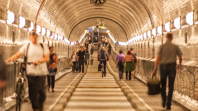 Walking through the Old Elbtunnel. This one takes you to the other side of Hamburg, with a nice view of the skyline. Visit during EURO 2024.