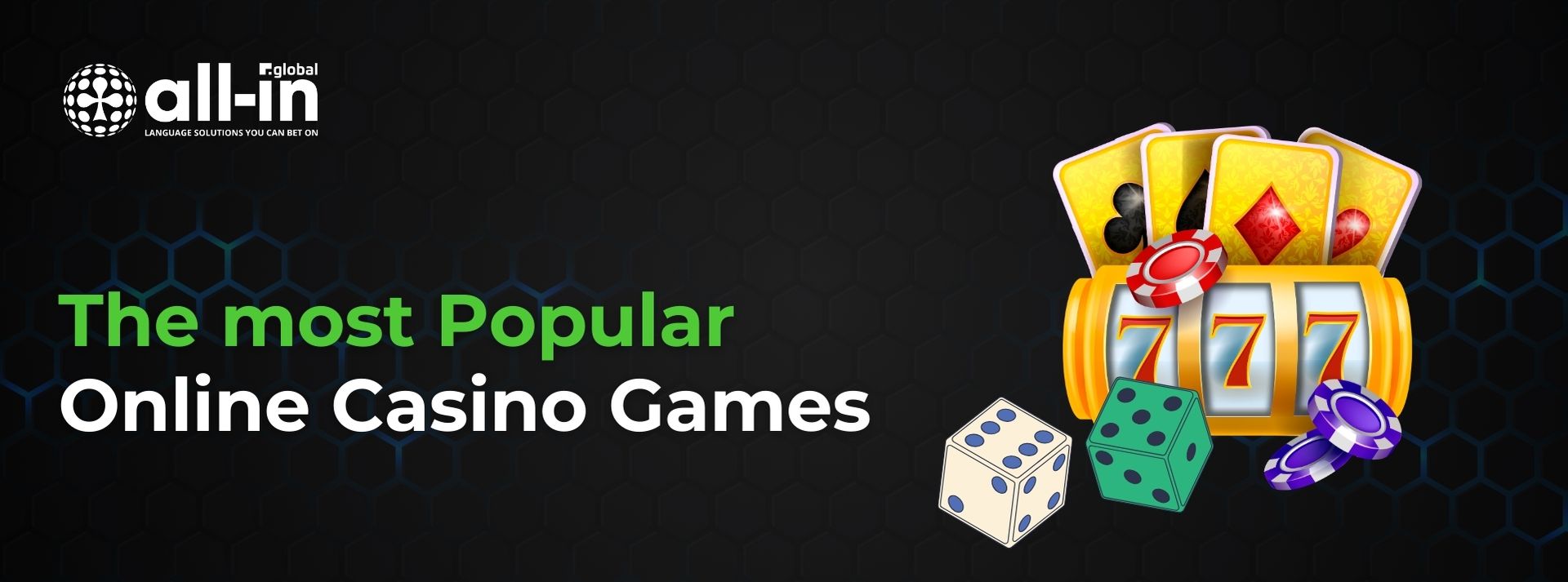 all in global banner showing text "the most popular online casino games" and viualising slot and dice games